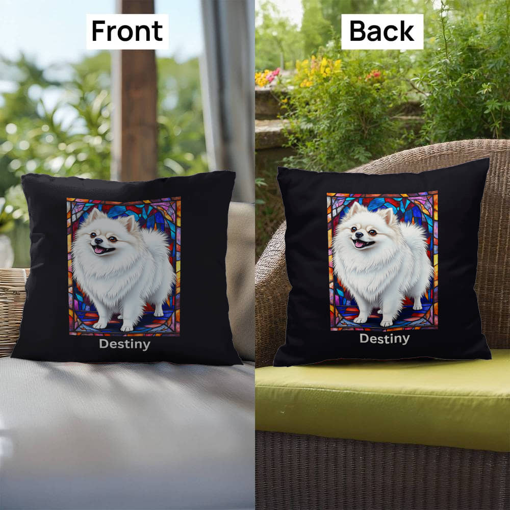 White Pomeranian Pillow, personalized stained glass art for indoor/outdoor dog décor