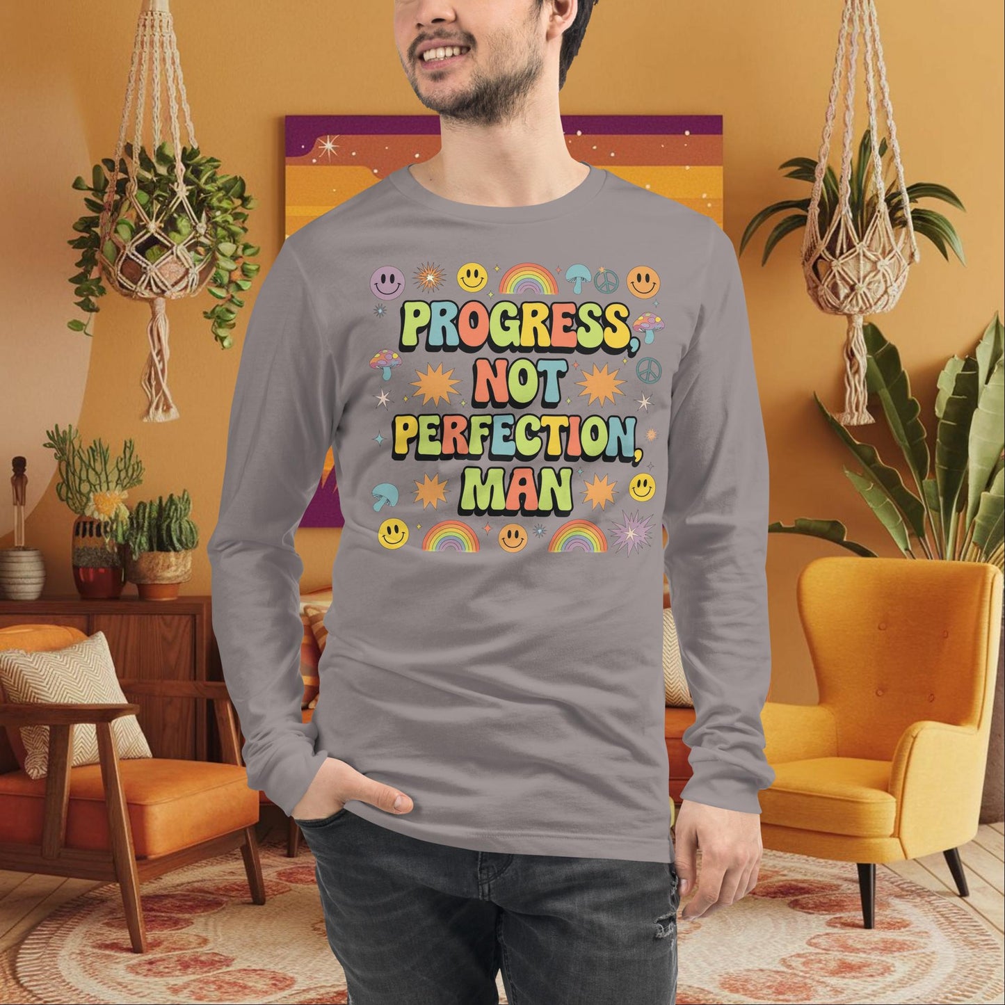 Progress, Not Perfection, Man Long Sleeve Tee - Retro Mental Health & Wellness Shirt - MySisterIsASurvivor