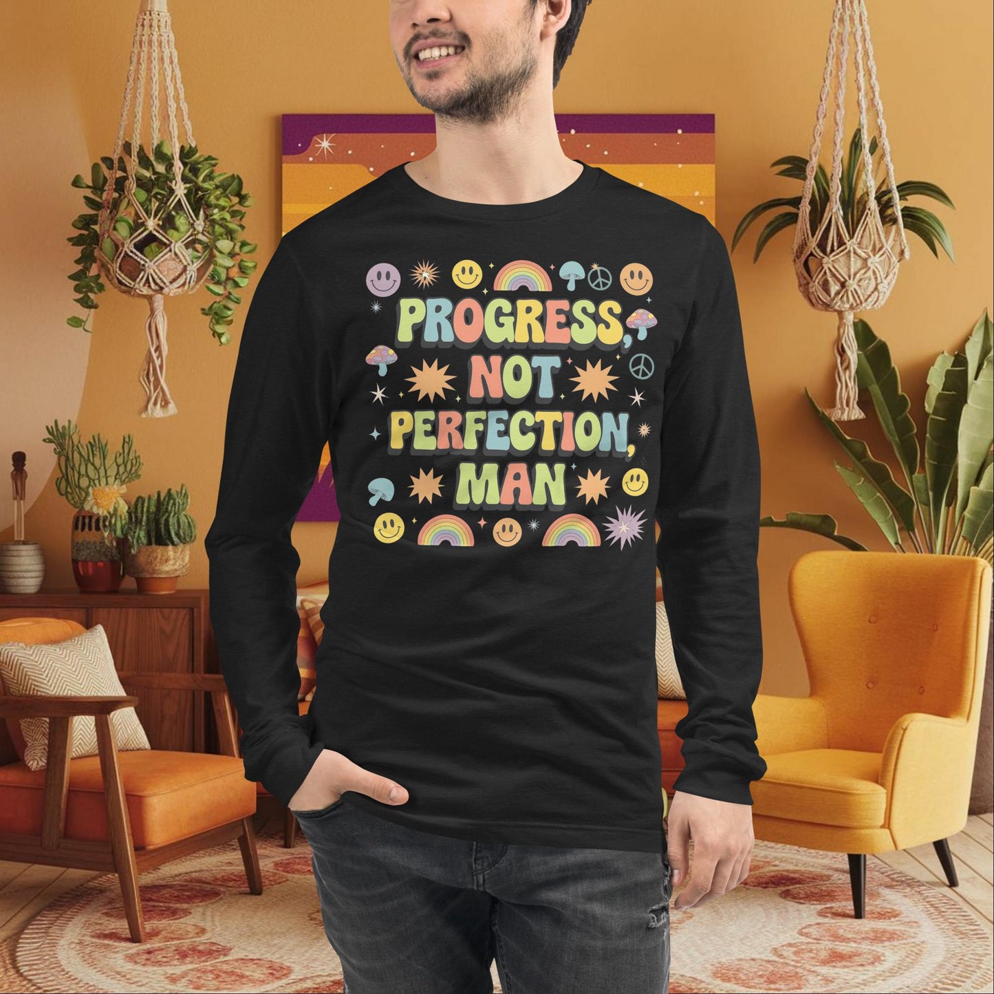 Progress, Not Perfection, Man Long Sleeve Tee - Retro Mental Health & Wellness Shirt - MySisterIsASurvivor