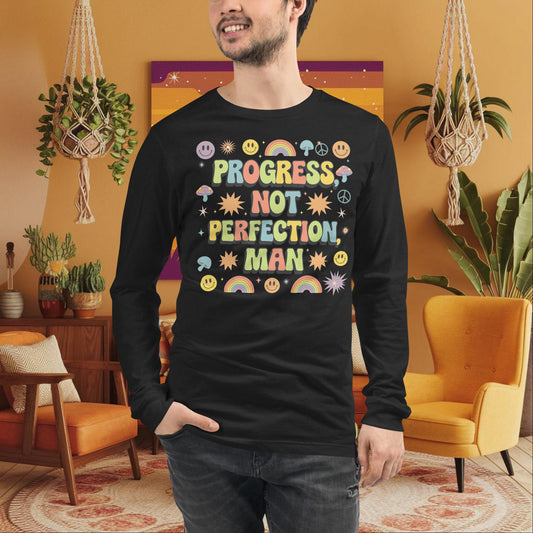 Progress, Not Perfection, Man Long Sleeve Tee - Retro Mental Health & Wellness Shirt - MySisterIsASurvivor
