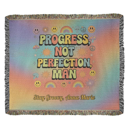 Progress Not Perfection Man Woven Blanket - Retro Mental Health Throw - MySisterIsASurvivor