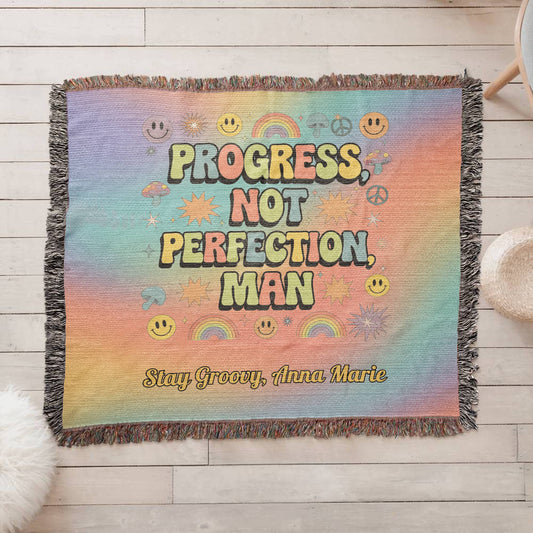 Progress Not Perfection Man Woven Blanket - Retro Mental Health Throw - MySisterIsASurvivor