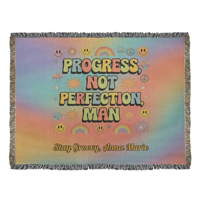 Progress Not Perfection Man Woven Blanket - Retro Mental Health Throw - MySisterIsASurvivor