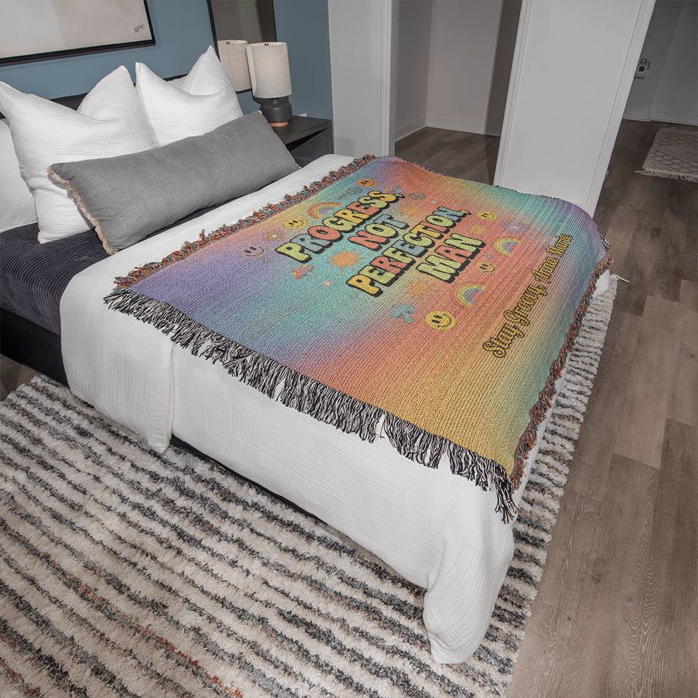 Progress Not Perfection Man Woven Blanket - Retro Mental Health Throw - MySisterIsASurvivor
