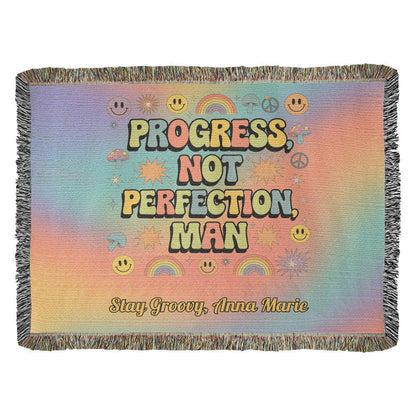 Progress Not Perfection Man Woven Blanket - Retro Mental Health Throw - MySisterIsASurvivor