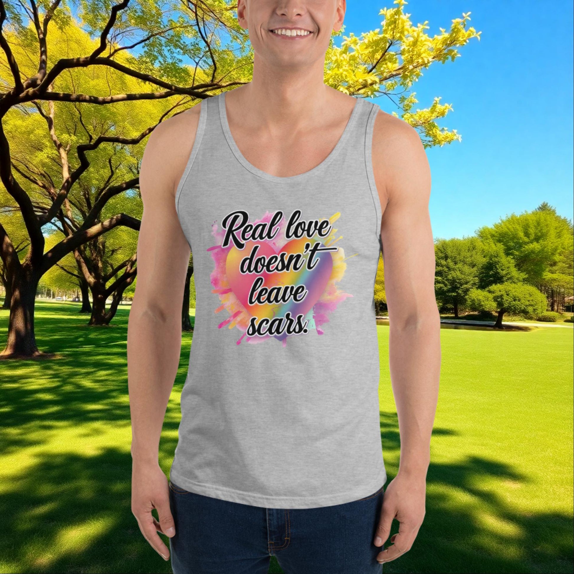 Real Love Doesn’t Leave Scars tank top, custom empowerment apparel for abuse awareness and support