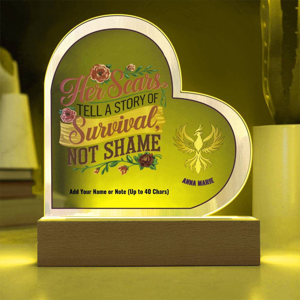 Her Scars Tell a Story of Survival Not Shame 7" Personalized Acrylic Heart Plaque for Abuse Survivor Support