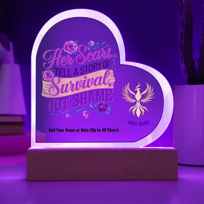 Her Scars Tell a Story of Survival Not Shame 7" Personalized Acrylic Heart Plaque for Abuse Survivor Support