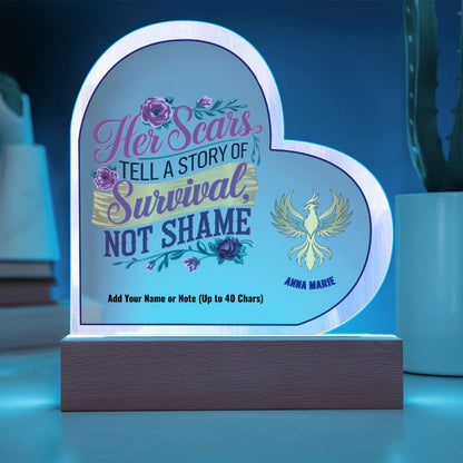 Her Scars Tell a Story of Survival Not Shame 7" Personalized Acrylic Heart Plaque for Abuse Survivor Support