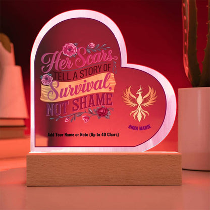 Her Scars Tell a Story of Survival Not Shame 7" Personalized Acrylic Heart Plaque for Abuse Survivor Support