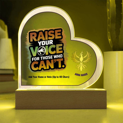 Raise Your Voice for Those Who Can’t 7" Personalized Acrylic Heart Plaque for Advocacy and Survivor Support