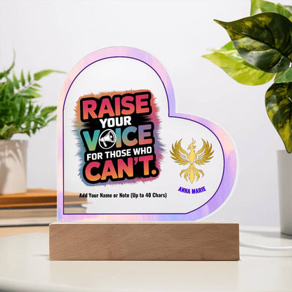 Raise Your Voice for Those Who Can’t 7" Personalized Acrylic Heart Plaque for Advocacy and Survivor Support