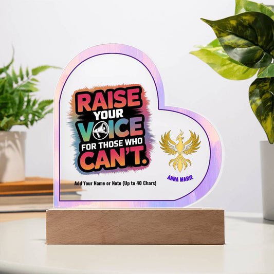 Raise Your Voice for Those Who Can’t 7" Personalized Acrylic Heart Plaque for Advocacy and Survivor Support