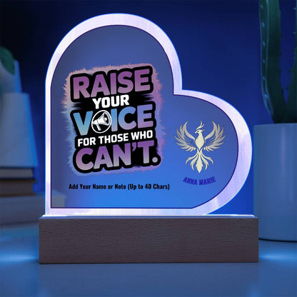 Raise Your Voice for Those Who Can’t 7" Personalized Acrylic Heart Plaque for Advocacy and Survivor Support