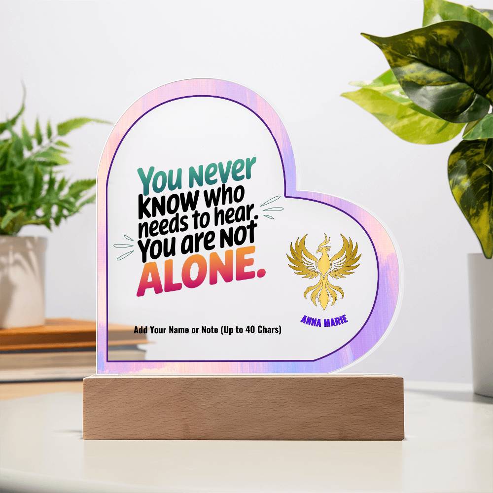 You Are Not Alone 7" Personalized Acrylic Heart Plaque for Survivor Support and Domestic Violence Awareness