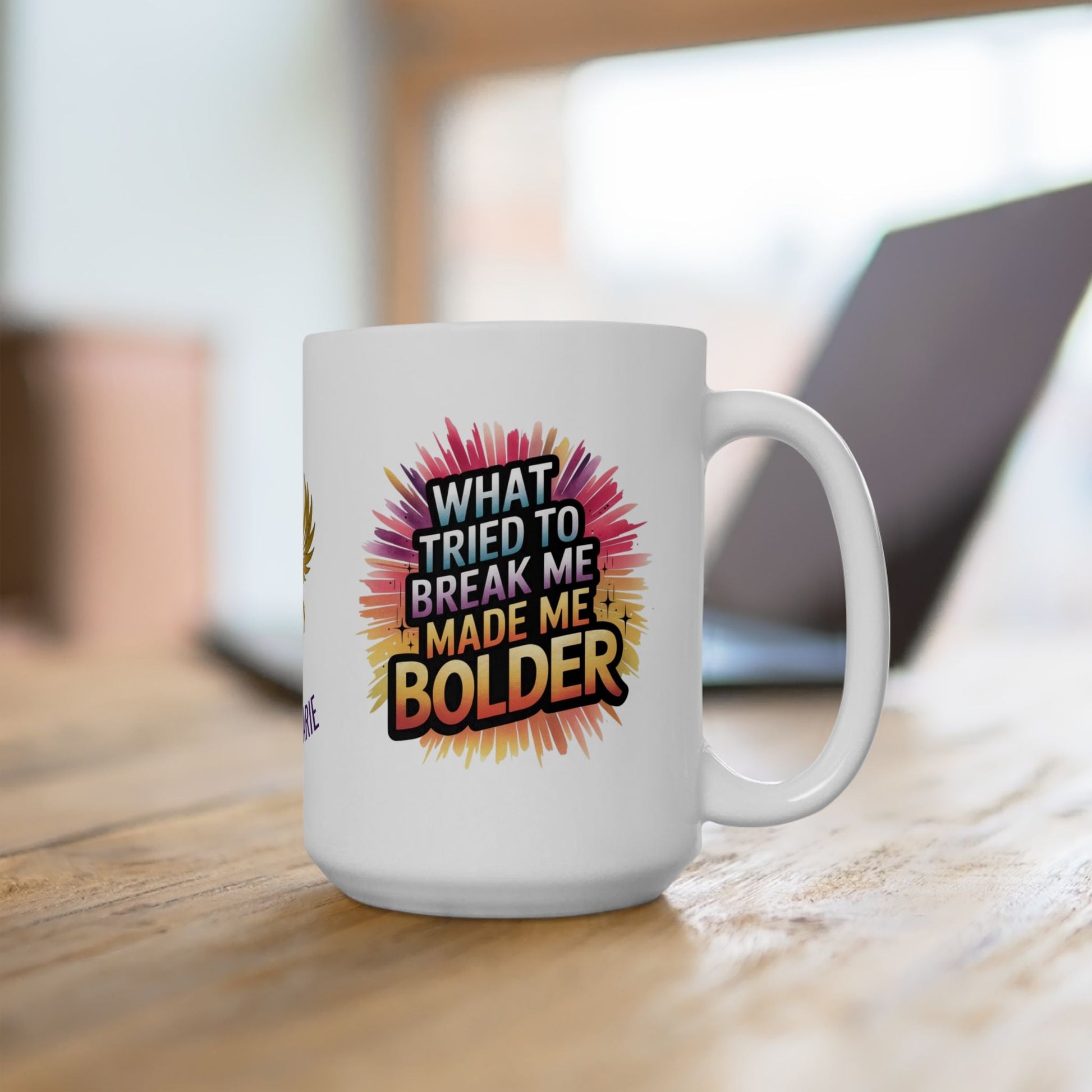 Strength mug with message about overcoming adversity.