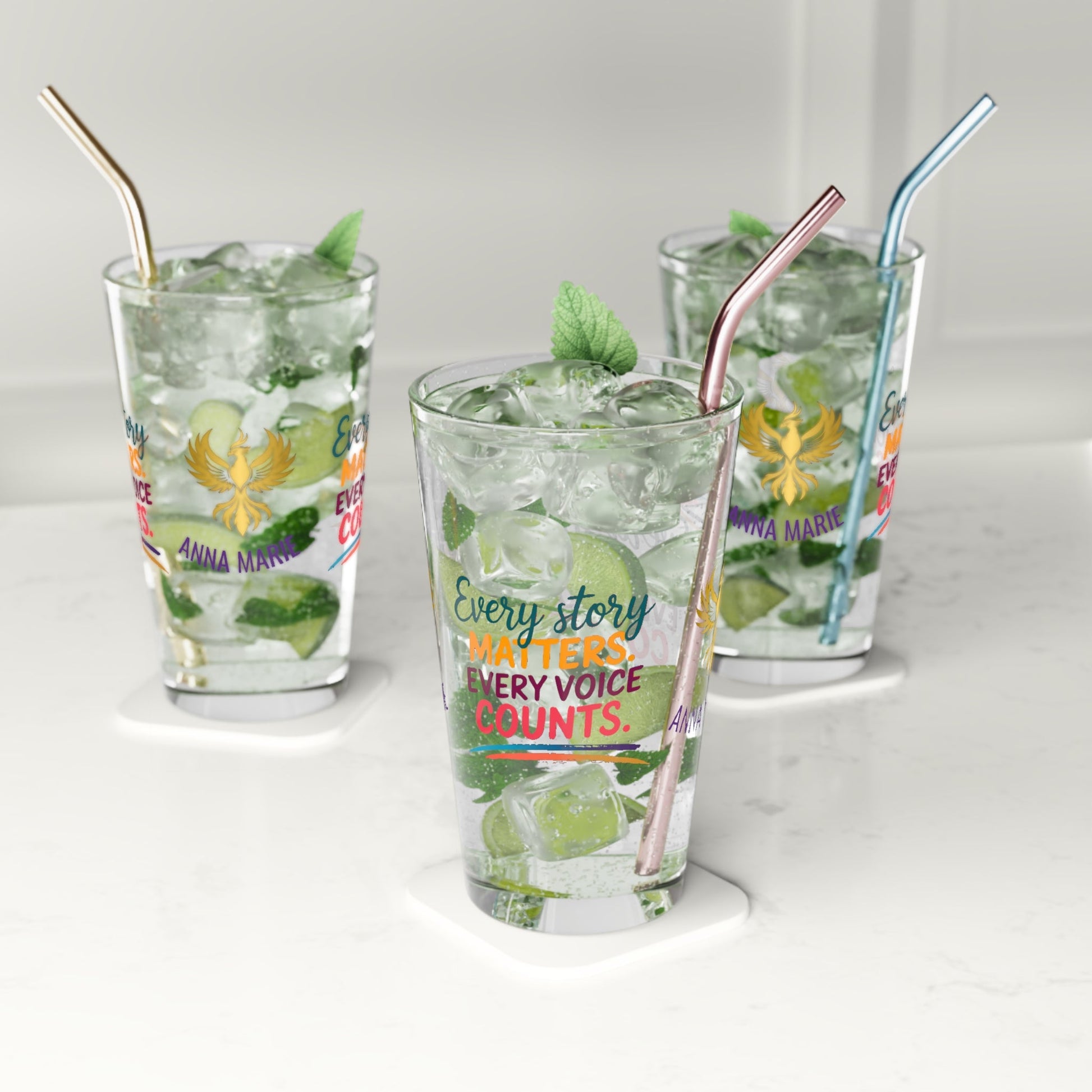 Rise & Reclaim Pint Glass – Every Story Matters. Every Voice Counts | DV Awareness Drinkware