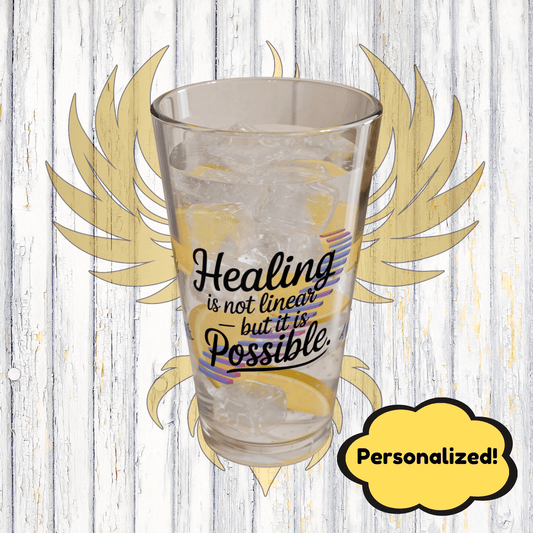 Rise & Reclaim Pint Glass – Healing Is Not Linear – But It Is Possible | PTSD Awareness Glass
