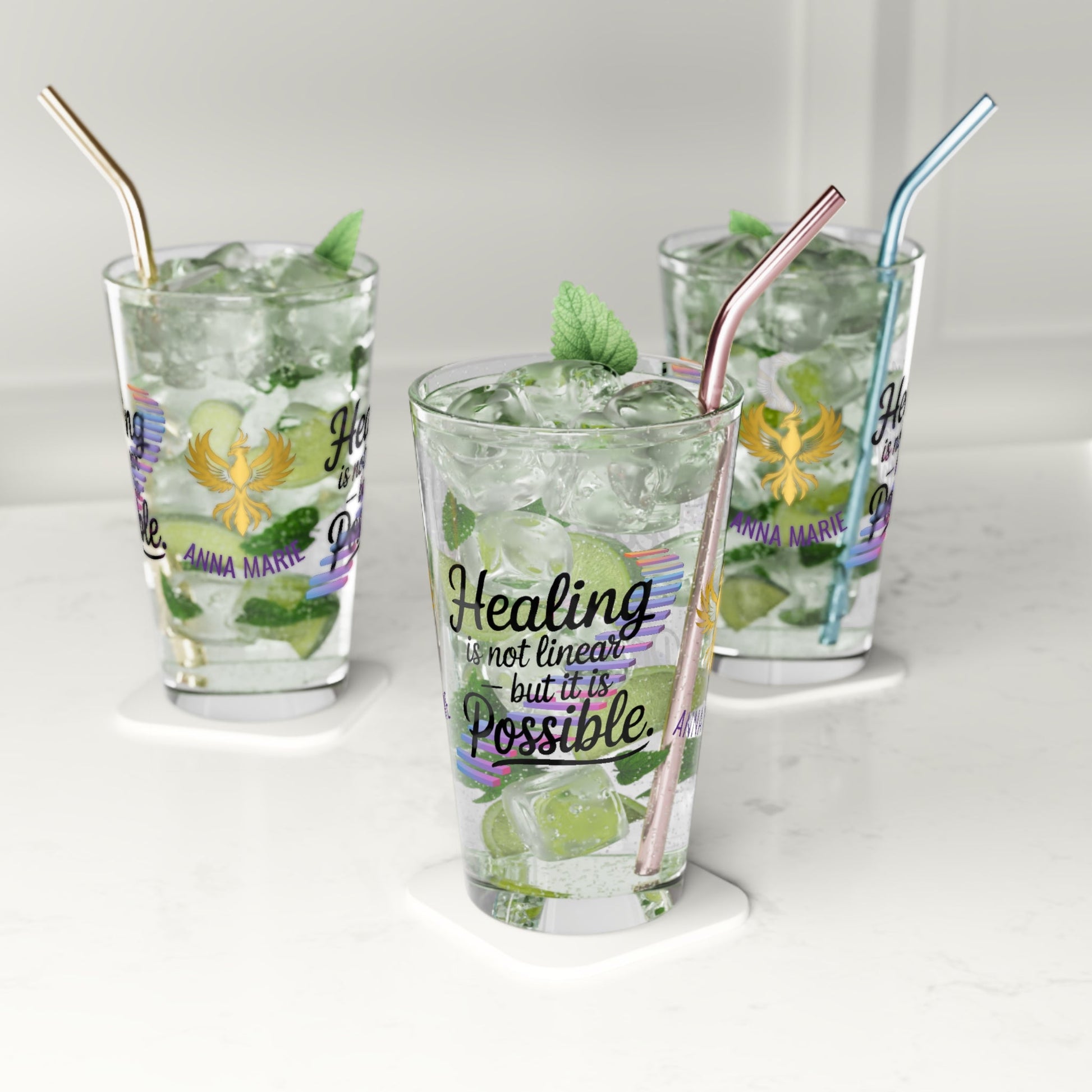 Rise & Reclaim Pint Glass – Healing Is Not Linear – But It Is Possible | PTSD Awareness Glass