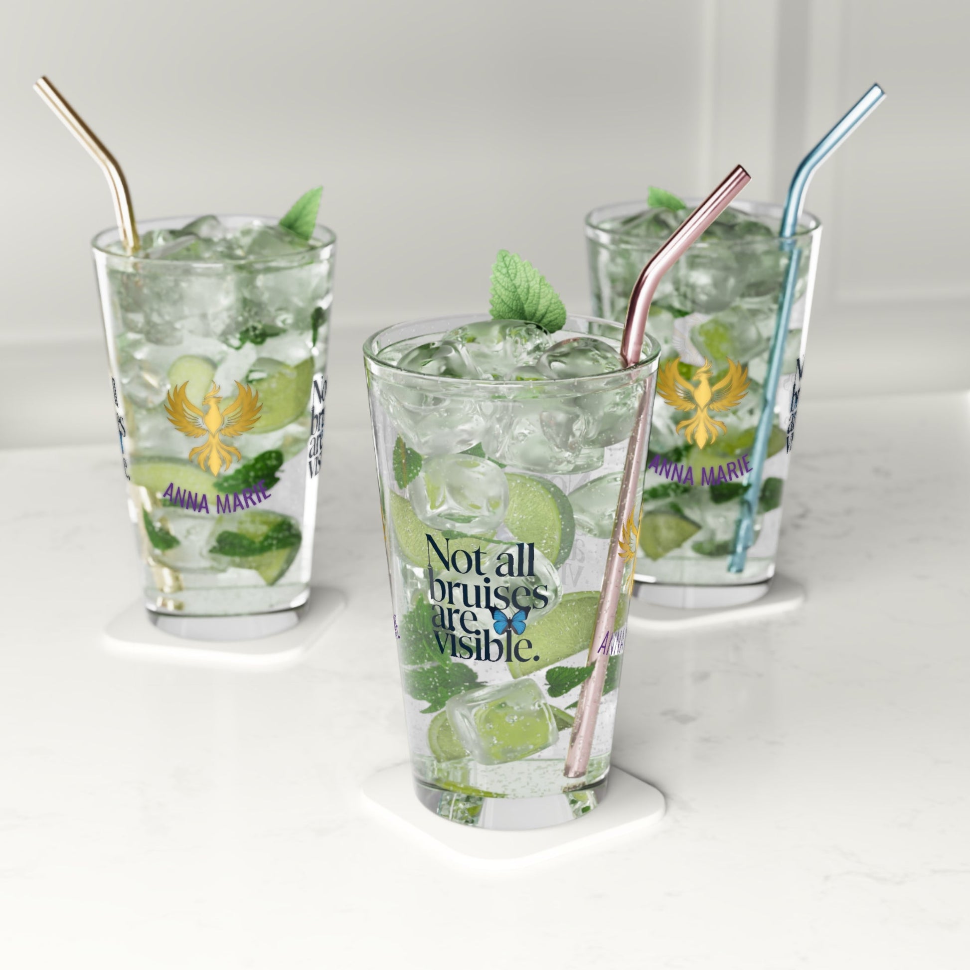 Rise & Reclaim Pint Glass – Not All Bruises Are Visible | Emotional Abuse Awareness Glass - MySisterIsASurvivor