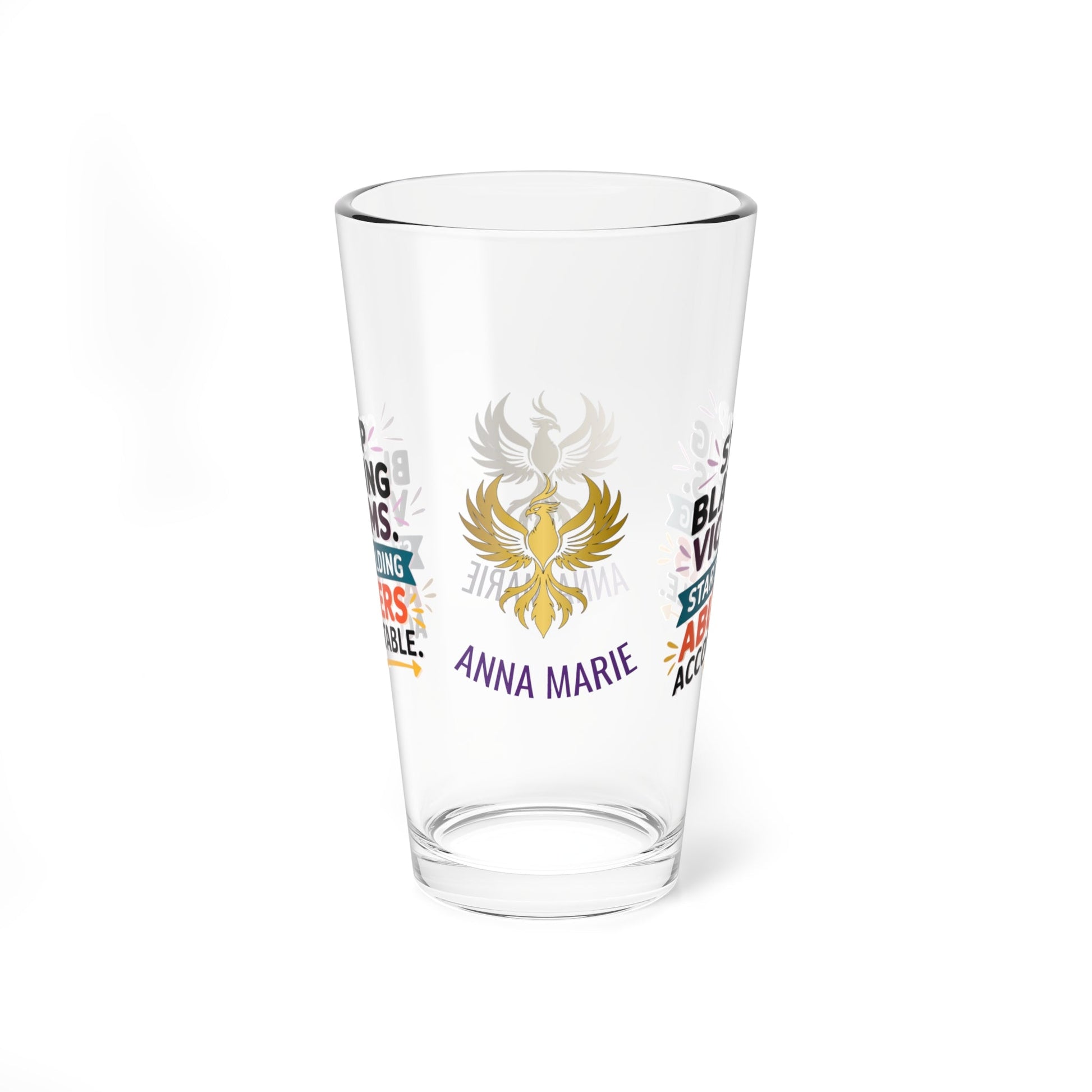 Rise & Reclaim Pint Glass – Stop Blaming Victims. Start Holding Abusers Accountable | DV Awareness - MySisterIsASurvivor
