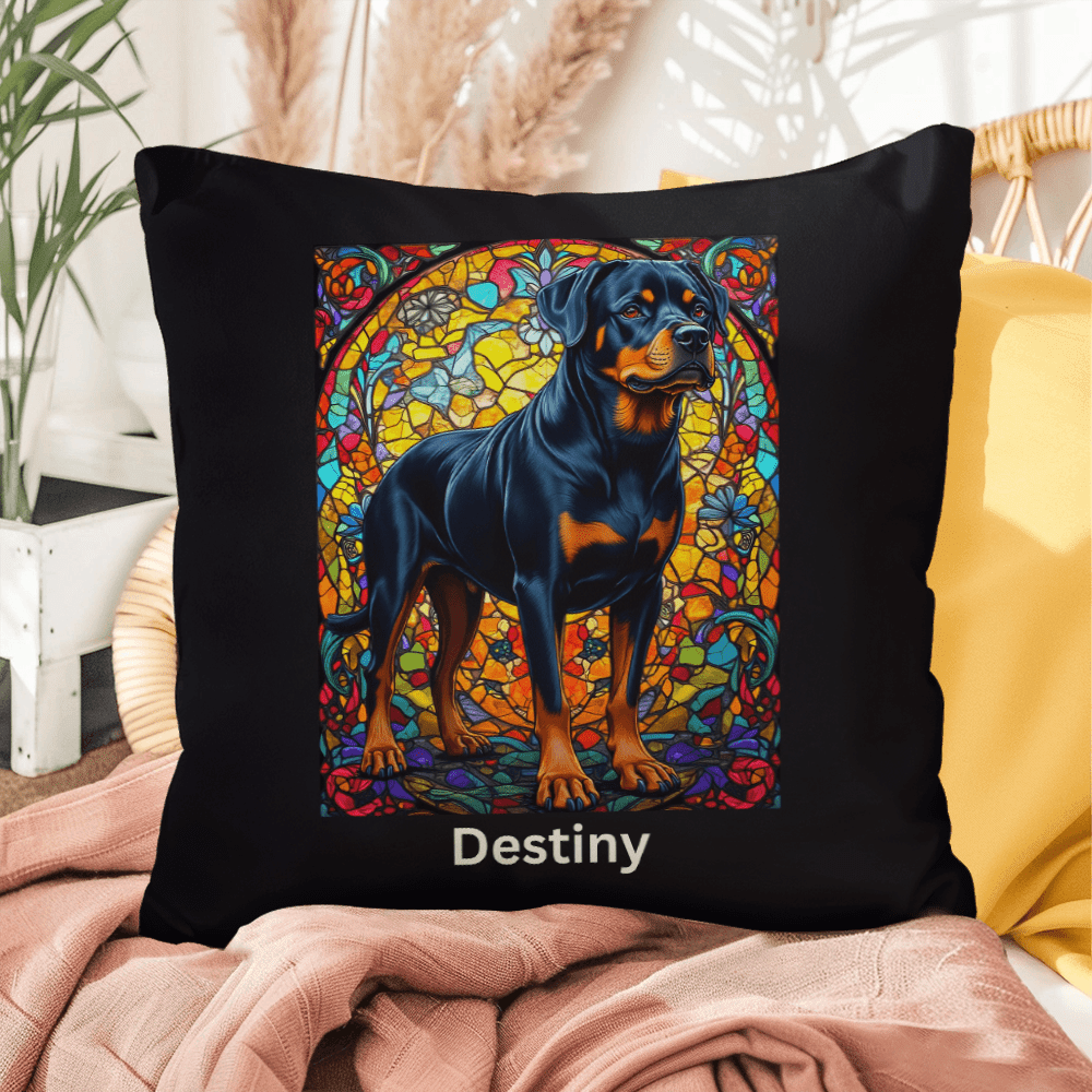 Black & Rust Rottweiler Pillow, custom name stained glass art for dog lovers