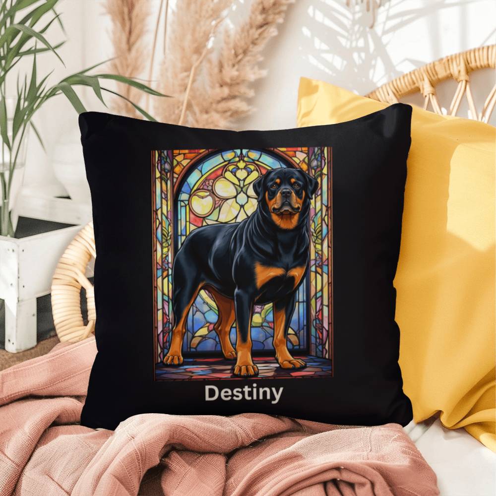 Black & Tan Rottweiler Pillow, personalized stained glass art for dog décor and pet lovers