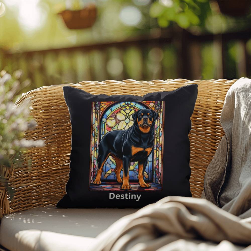 Black & Tan Rottweiler Pillow, personalized stained glass art for dog décor and pet lovers