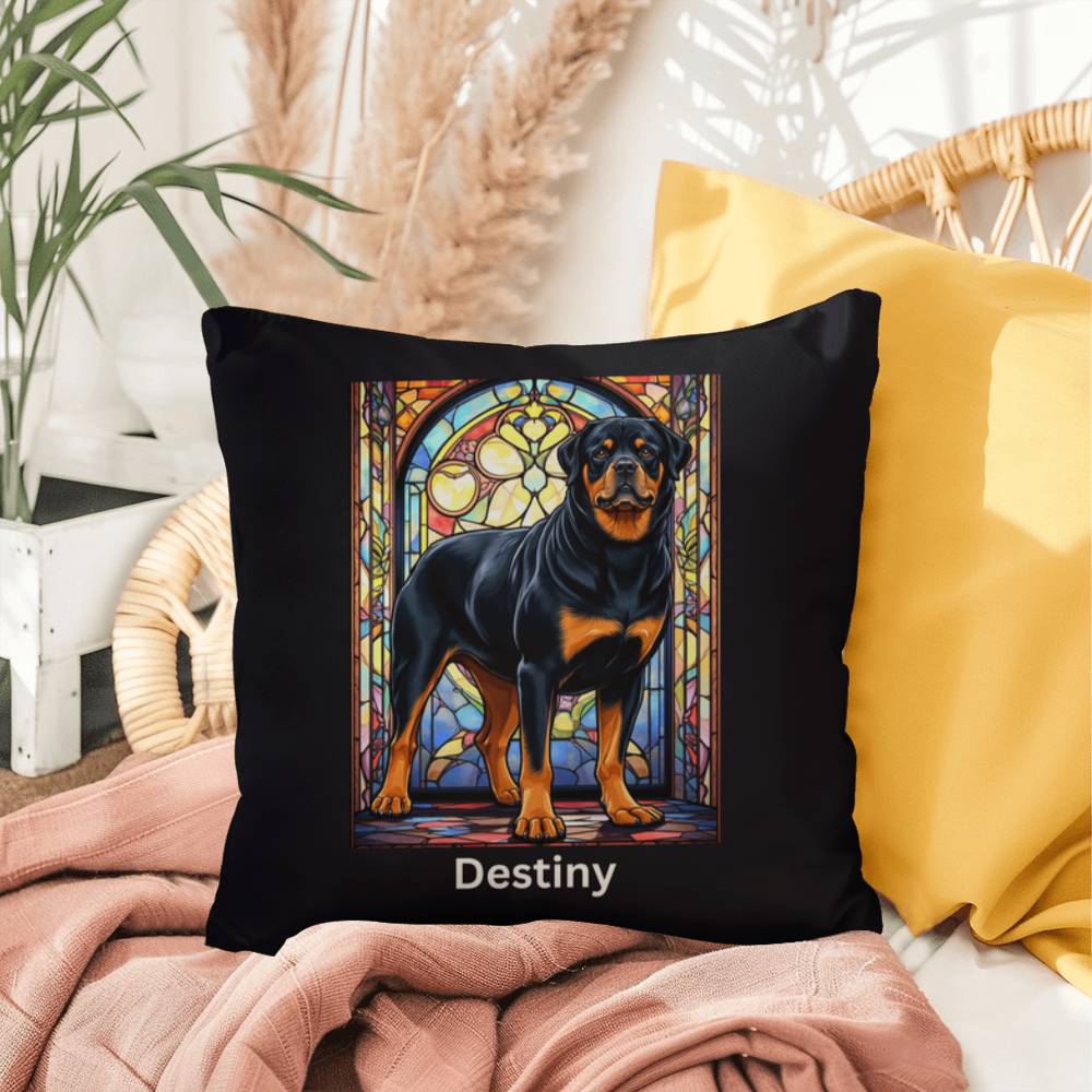 Black & Tan Rottweiler Pillow, personalized stained glass art for dog décor and pet lovers