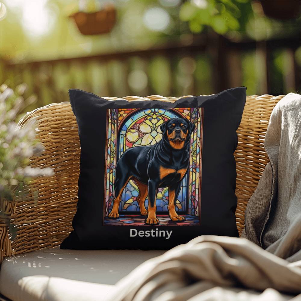 Black & Tan Rottweiler Pillow, personalized stained glass art for dog décor and pet lovers
