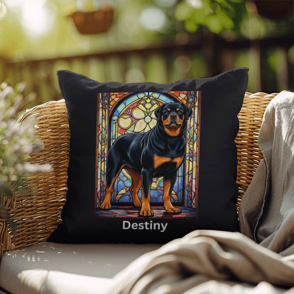 Black & Tan Rottweiler Pillow, personalized stained glass art for dog décor and pet lovers