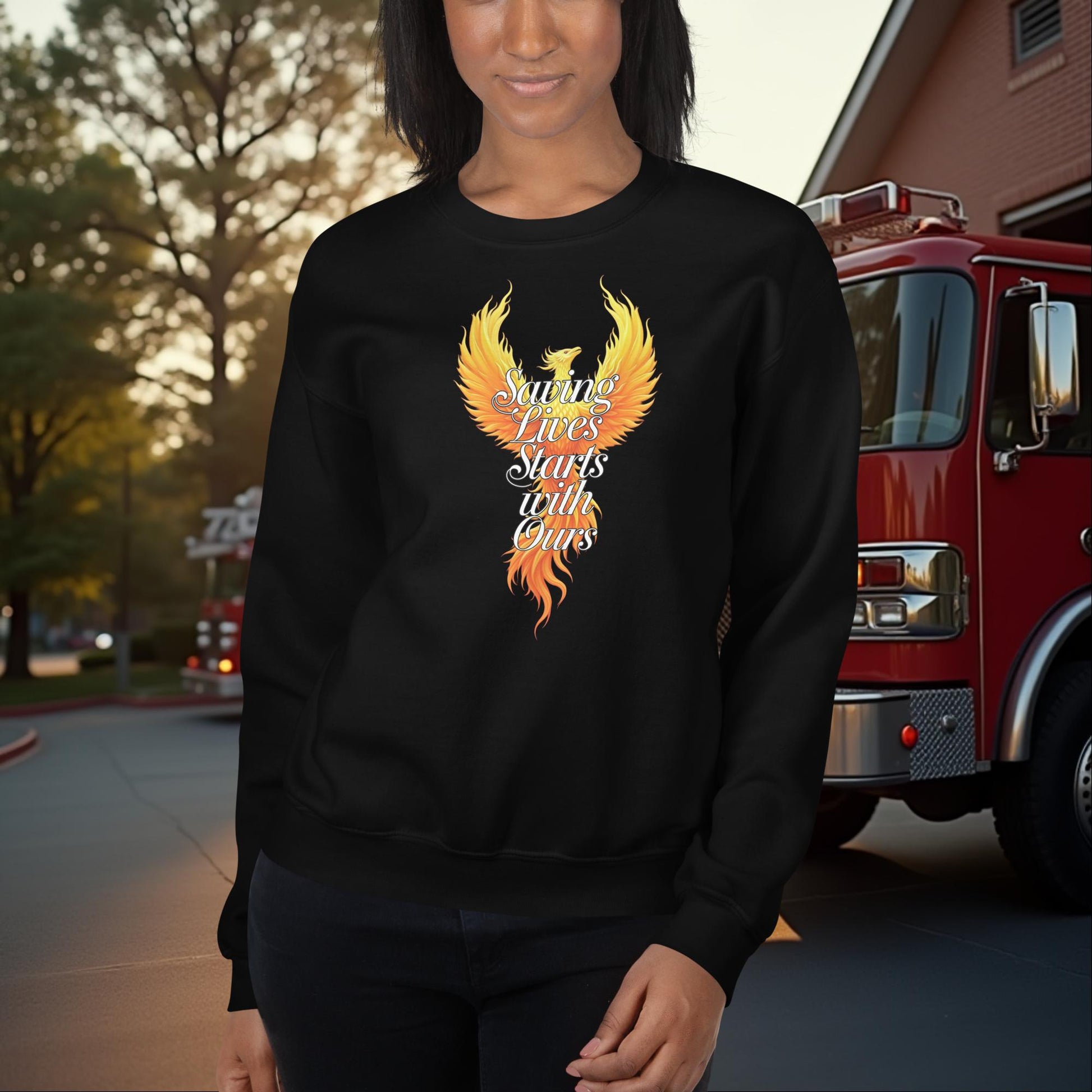 Saving Lives Starts With Ours - Firefighter Crew Neck Sweatshirt for Mental Health and Self - Wellness Awareness - MySisterIsASurvivor
