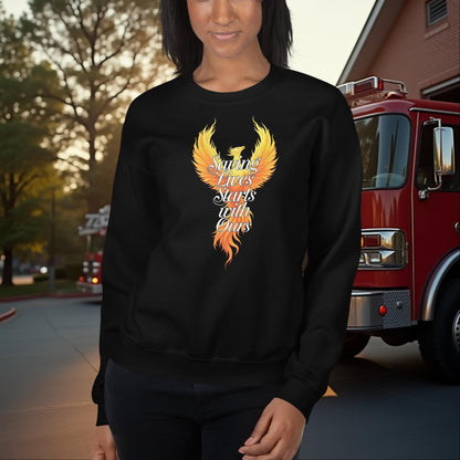Saving Lives Starts With Ours - Firefighter Crew Neck Sweatshirt for Mental Health and Self - Wellness Awareness - MySisterIsASurvivor