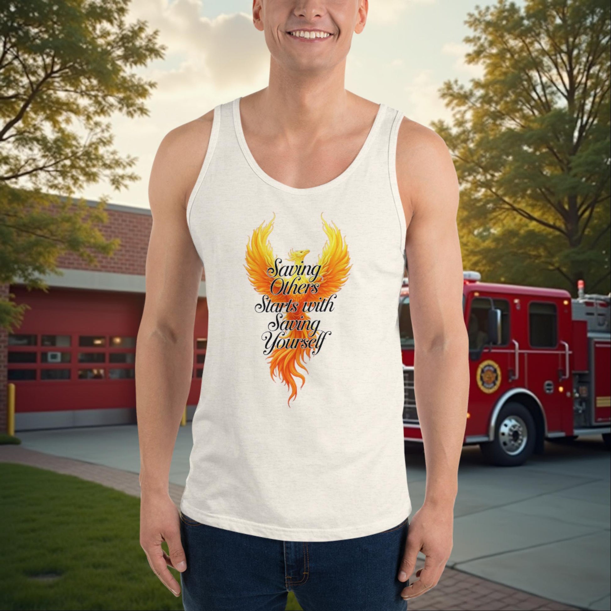 Saving Others Starts With Saving Yourself - Custom Firefighter Self - Wellness Support Tank Shirt - MySisterIsASurvivor