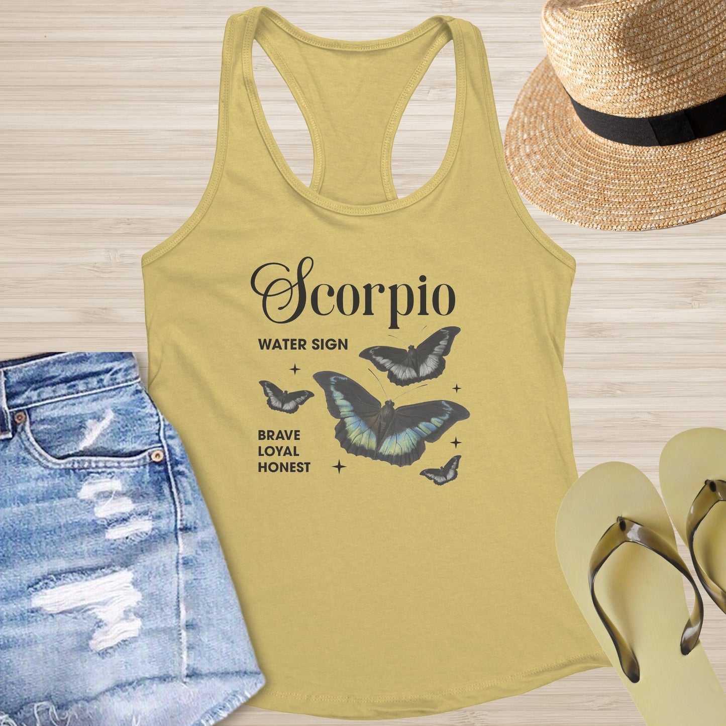 Scorpio Butterfly Racerback Tank - Deep Transformation Tank with Zodiac & Butterfly Art - MySisterIsASurvivor