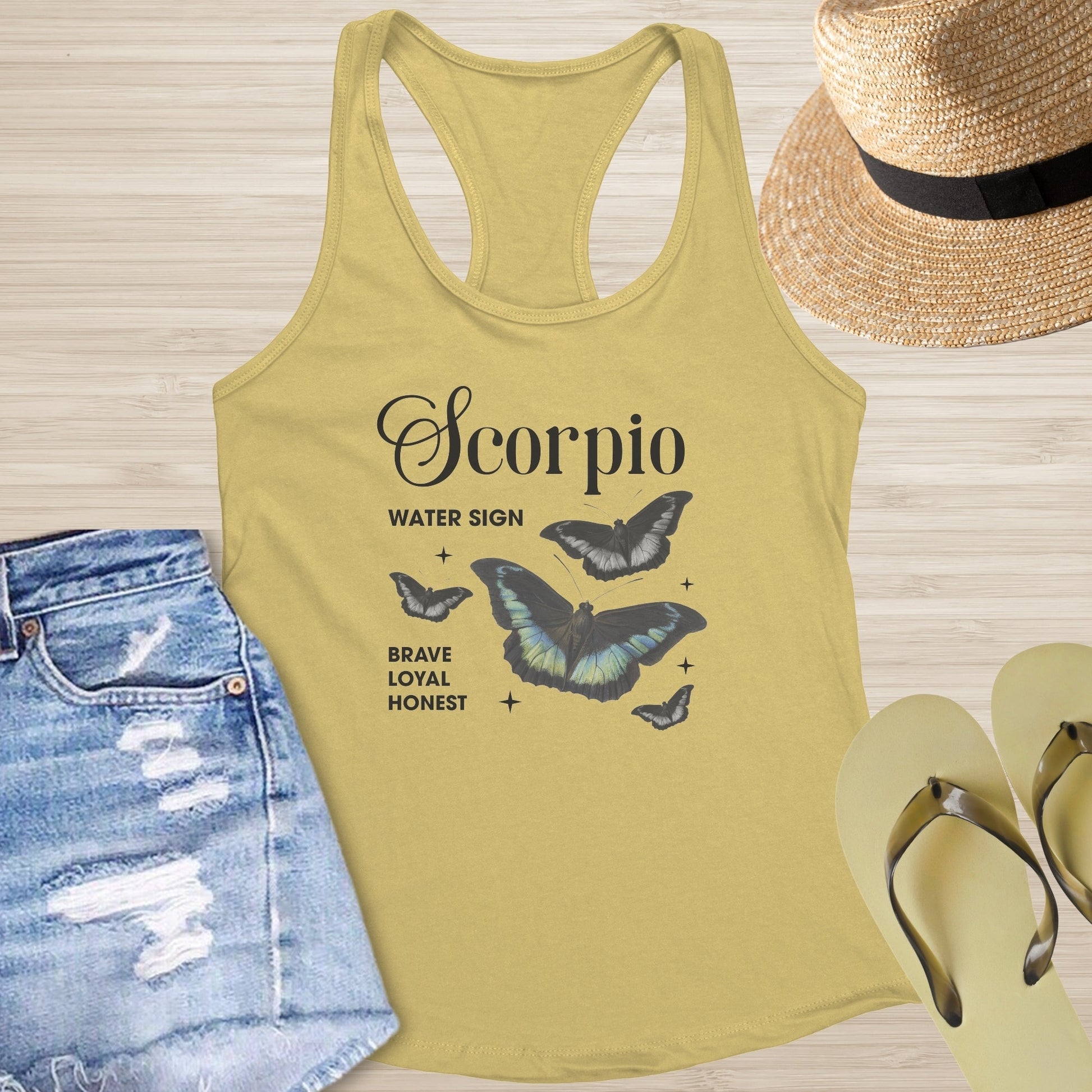 Scorpio Butterfly Racerback Tank - Deep Transformation Tank with Zodiac & Butterfly Art - MySisterIsASurvivor