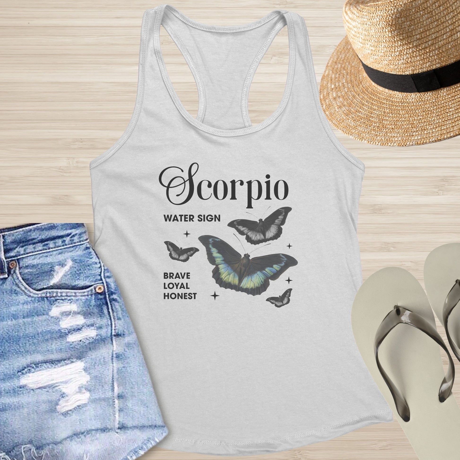 Scorpio Butterfly Racerback Tank - Deep Transformation Tank with Zodiac & Butterfly Art - MySisterIsASurvivor