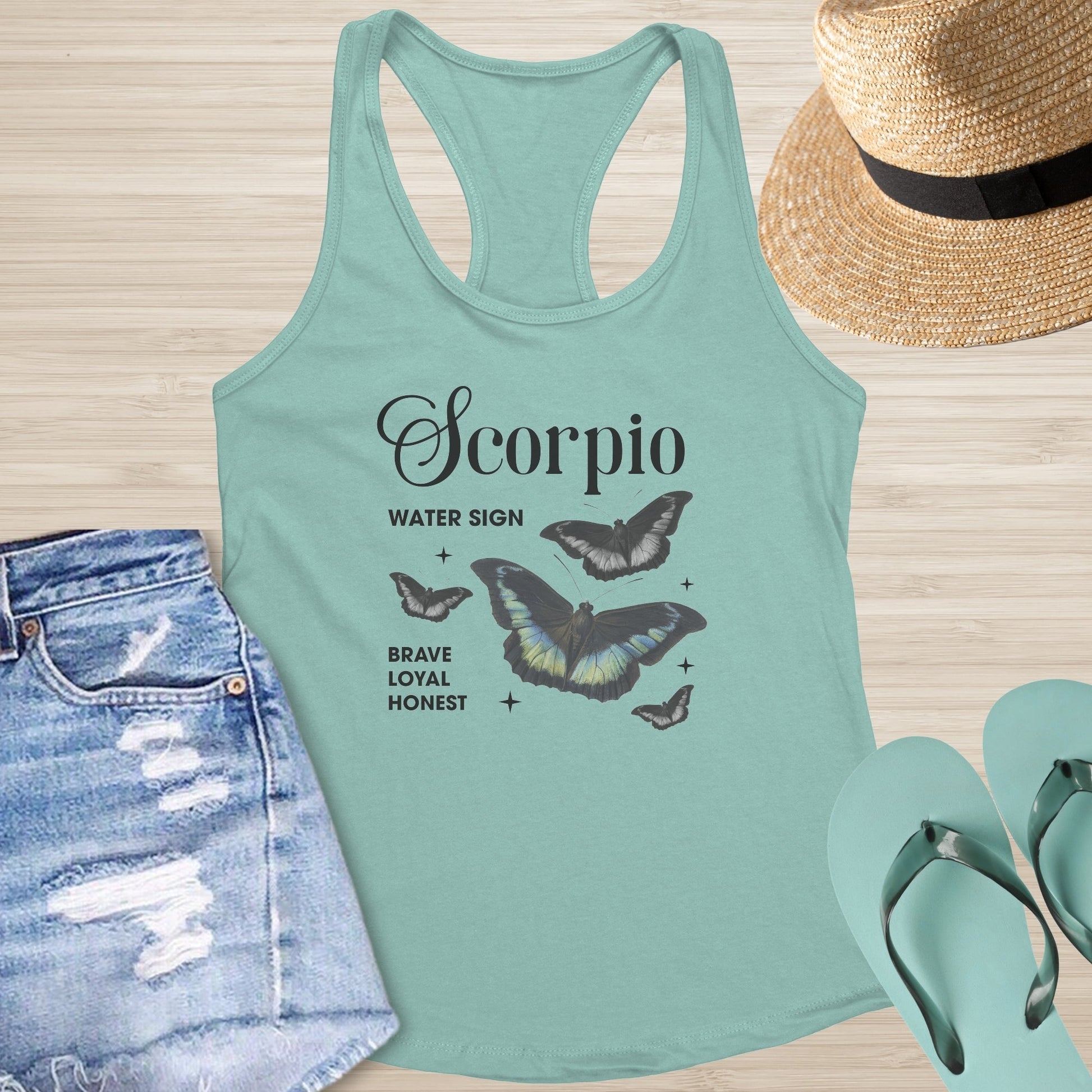 Scorpio Butterfly Racerback Tank - Deep Transformation Tank with Zodiac & Butterfly Art - MySisterIsASurvivor