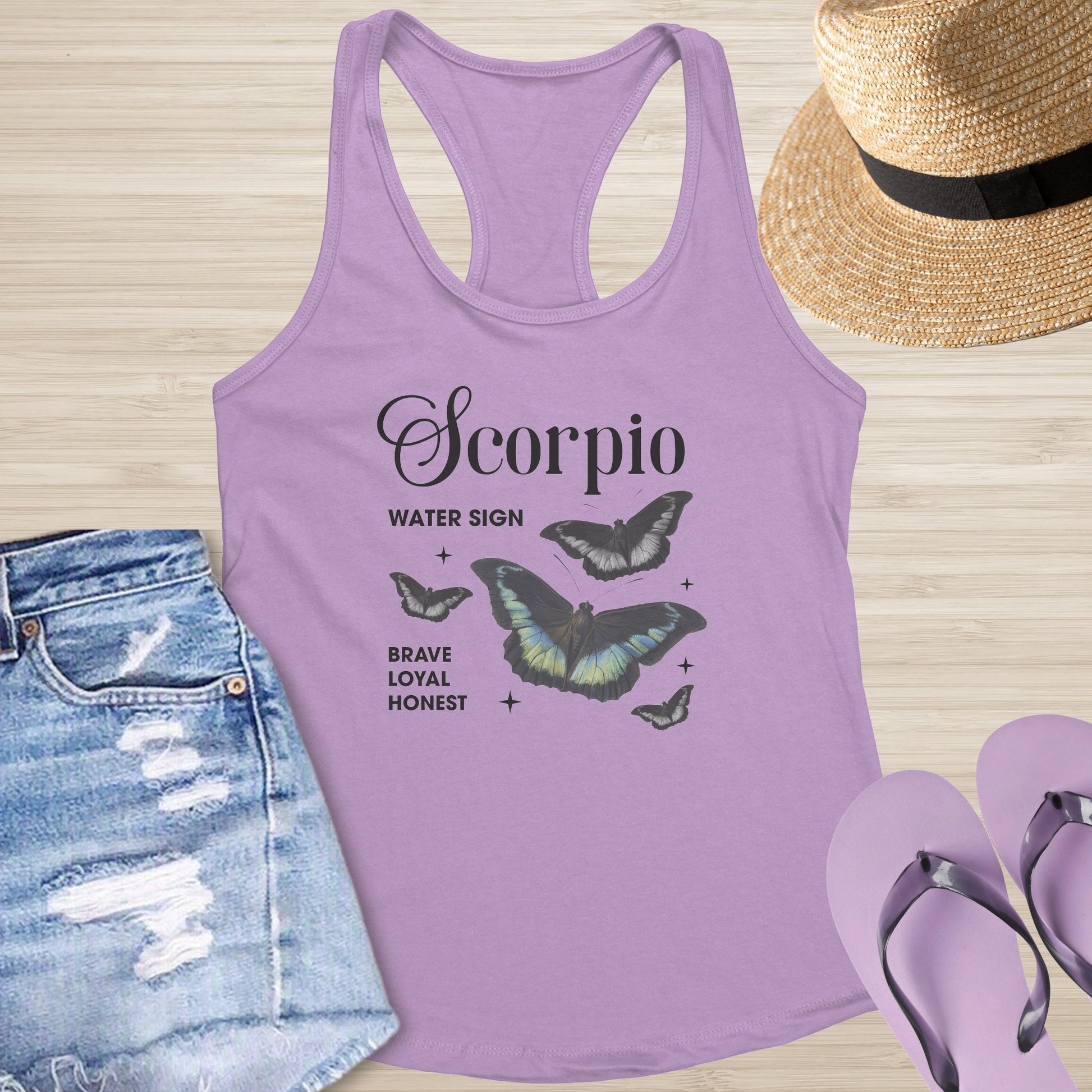 Scorpio Butterfly Racerback Tank - Deep Transformation Tank with Zodiac & Butterfly Art - MySisterIsASurvivor