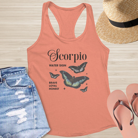 Scorpio Butterfly Racerback Tank - Deep Transformation Tank with Zodiac & Butterfly Art - MySisterIsASurvivor