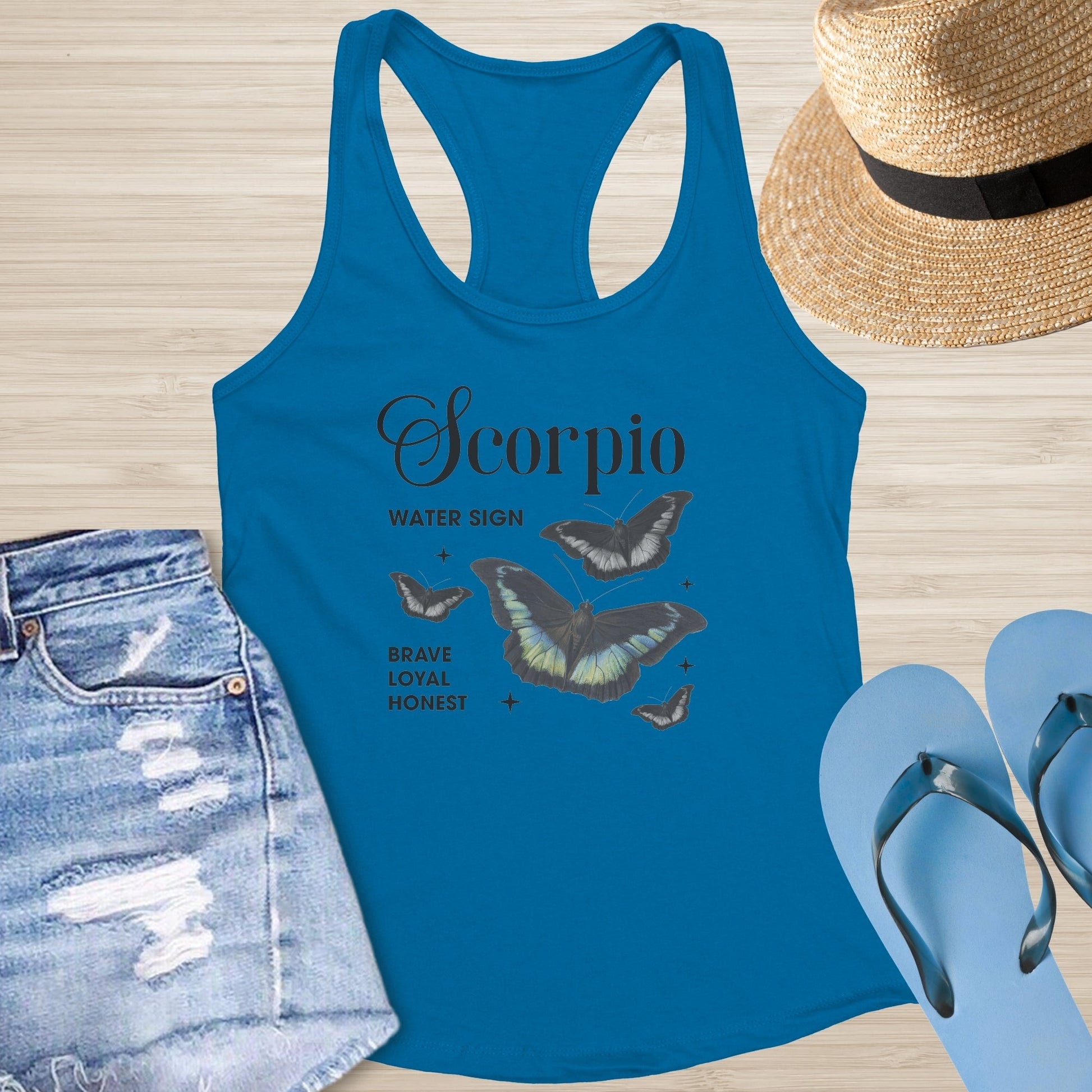 Scorpio Butterfly Racerback Tank - Deep Transformation Tank with Zodiac & Butterfly Art - MySisterIsASurvivor