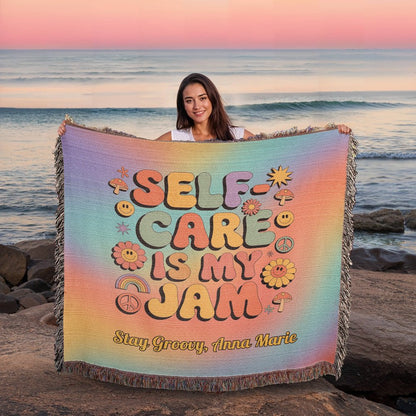 Self - Care Is My Jam Woven Blanket - Groovy Mental Health Throw for Mindfulness - MySisterIsASurvivor