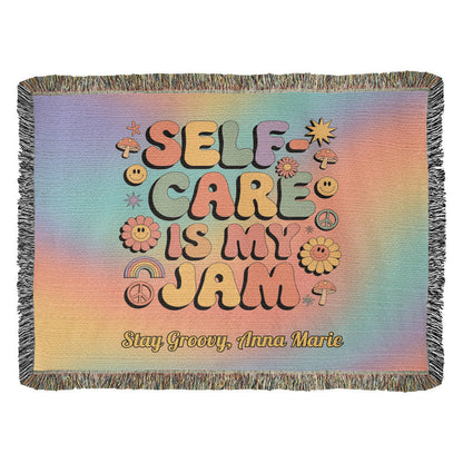 Self - Care Is My Jam Woven Blanket - Groovy Mental Health Throw for Mindfulness - MySisterIsASurvivor