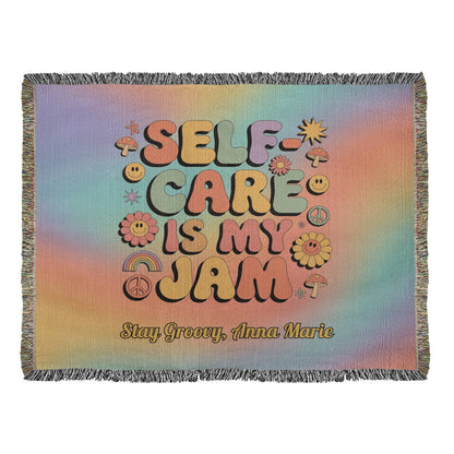 Self - Care Is My Jam Woven Blanket - Groovy Mental Health Throw for Mindfulness - MySisterIsASurvivor
