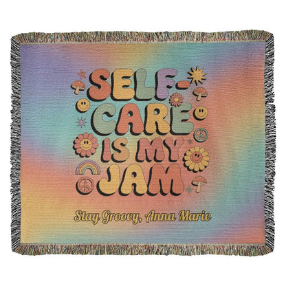 Self - Care Is My Jam Woven Blanket - Groovy Mental Health Throw for Mindfulness - MySisterIsASurvivor