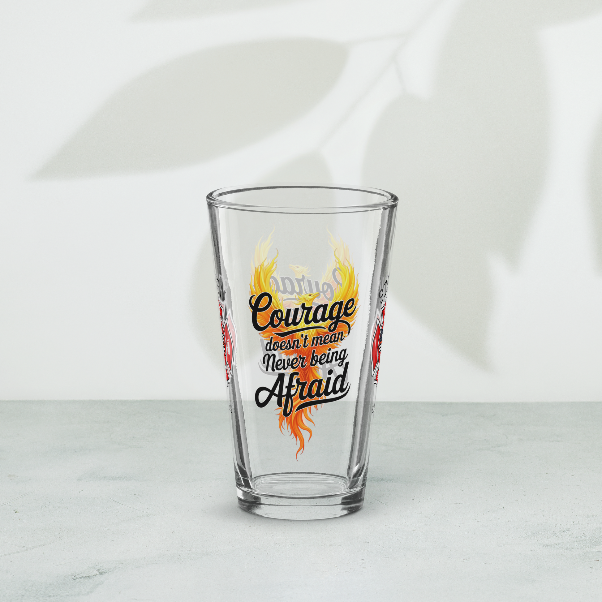 Courage Doesn’t Mean No Fear firefighter pint glass honoring bravery, vulnerability, and emotional care