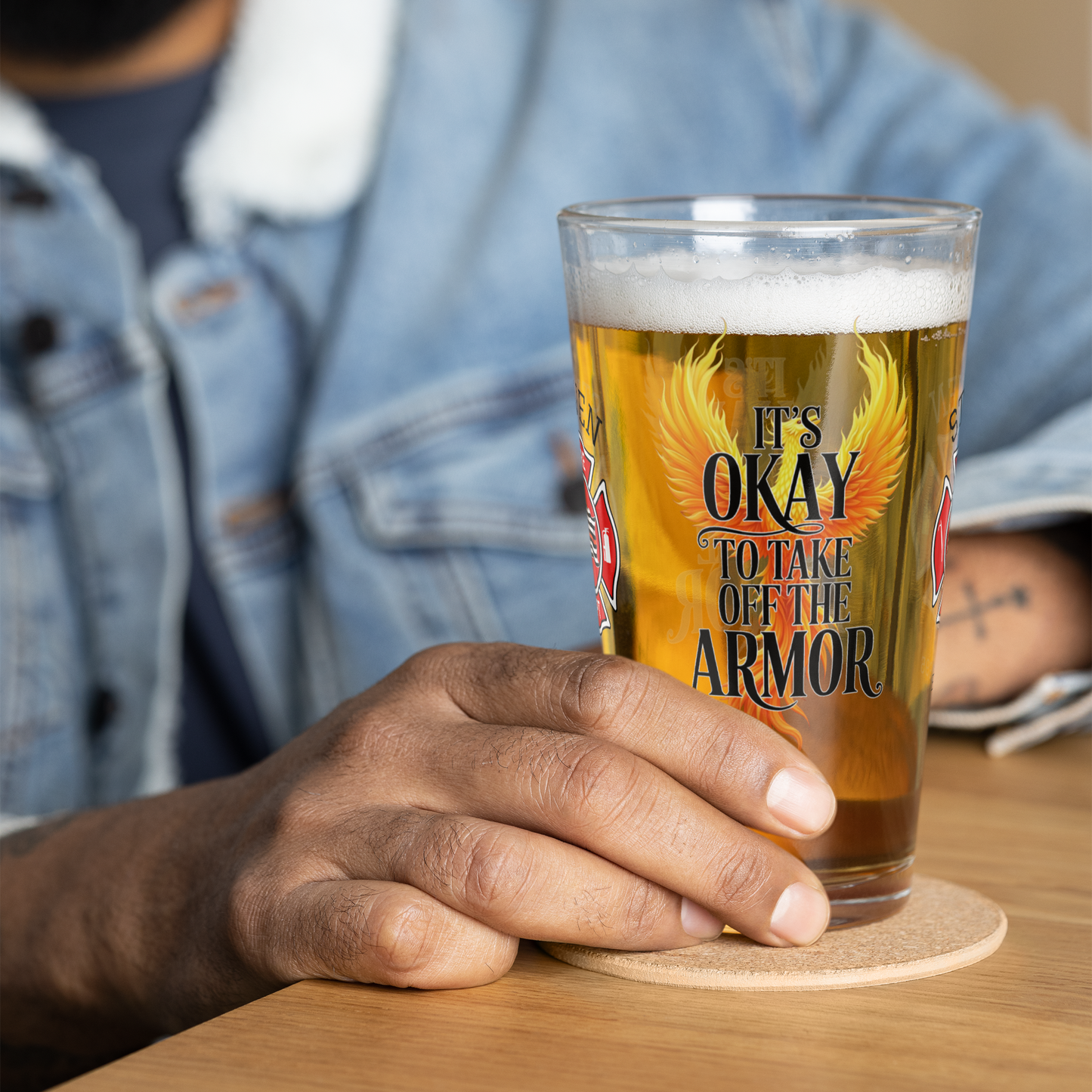 It’s Okay to Take Off the Armor firefighter pint glass promoting vulnerability and emotional healing