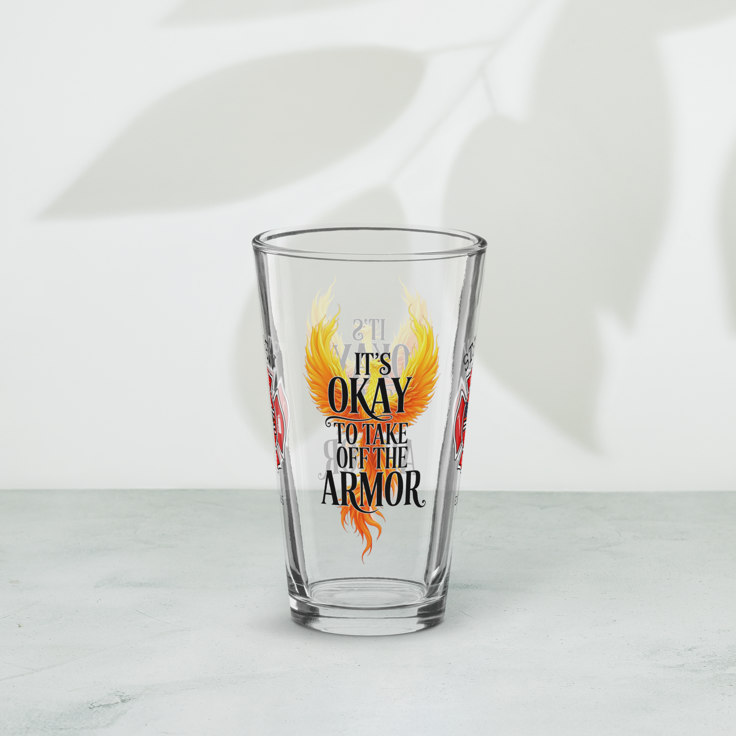 It’s Okay to Take Off the Armor firefighter pint glass promoting vulnerability and emotional healing