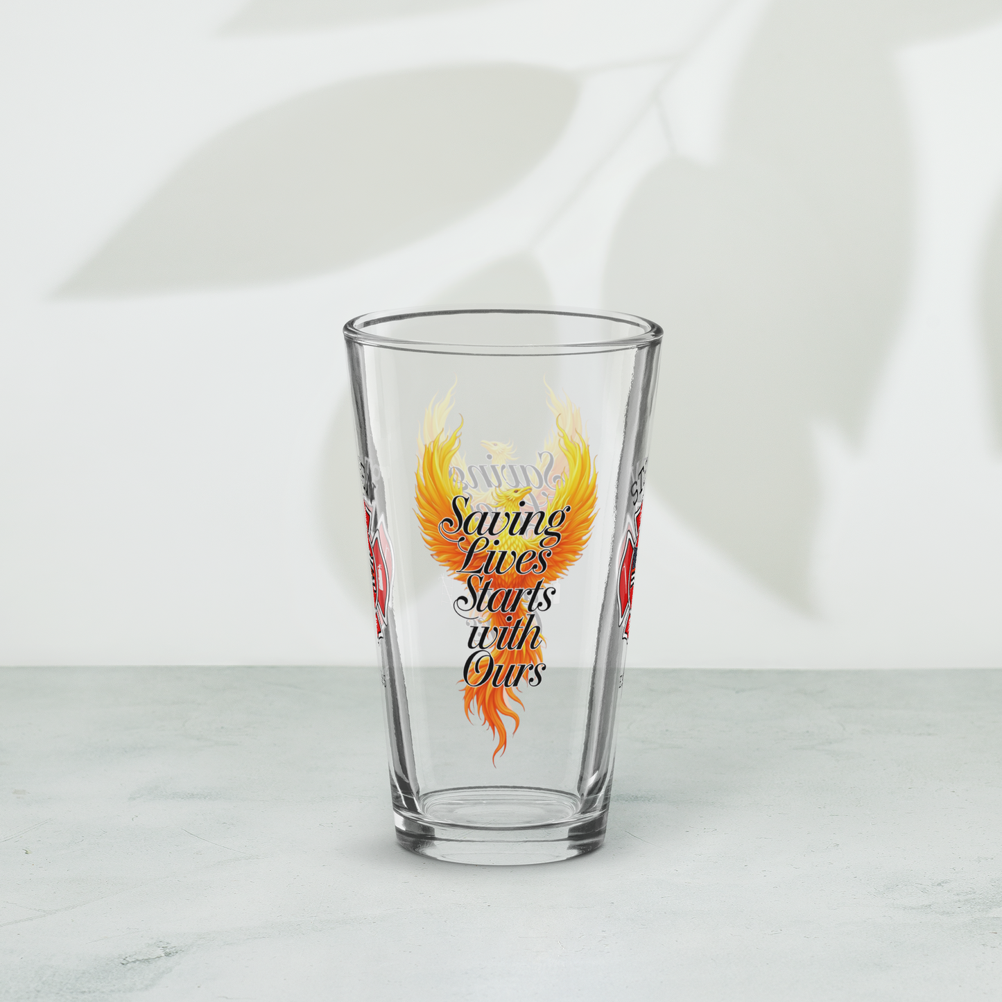 Saving Lives Starts With Ours firefighter pint glass inspiring mental wellness in the fire service