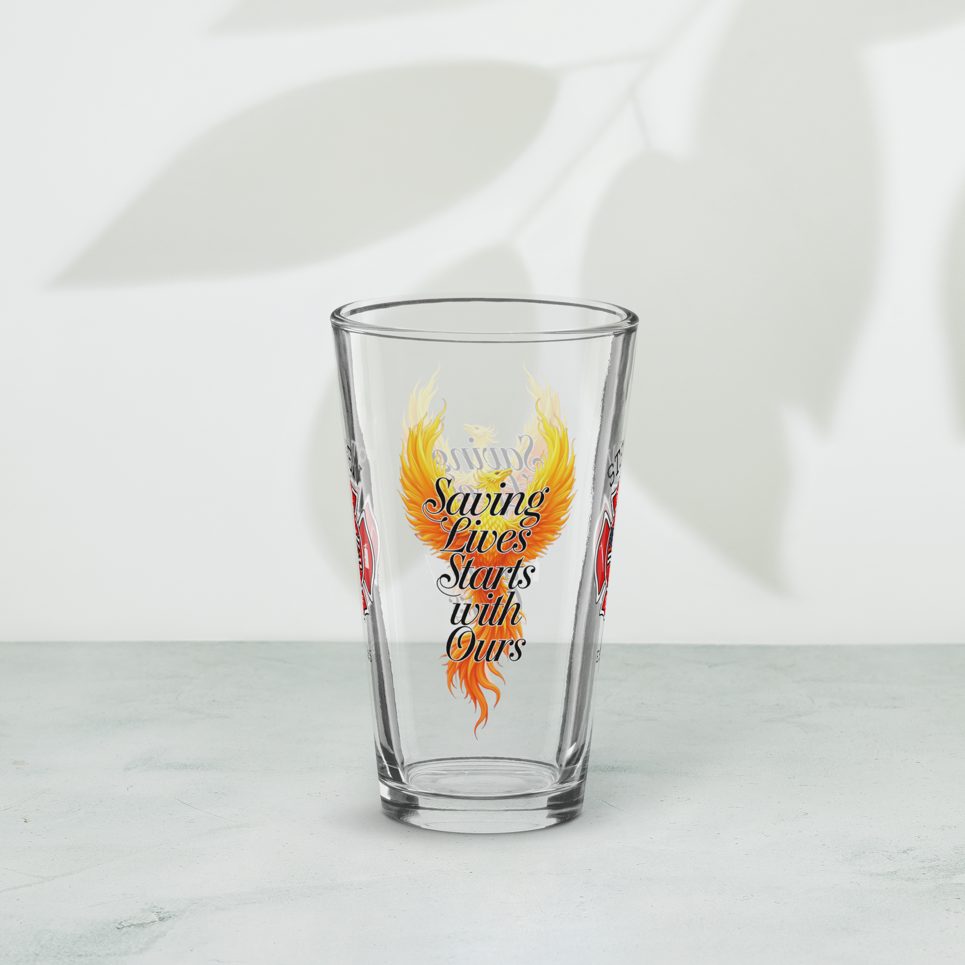 Saving Lives Starts With Ours firefighter pint glass inspiring mental wellness in the fire service